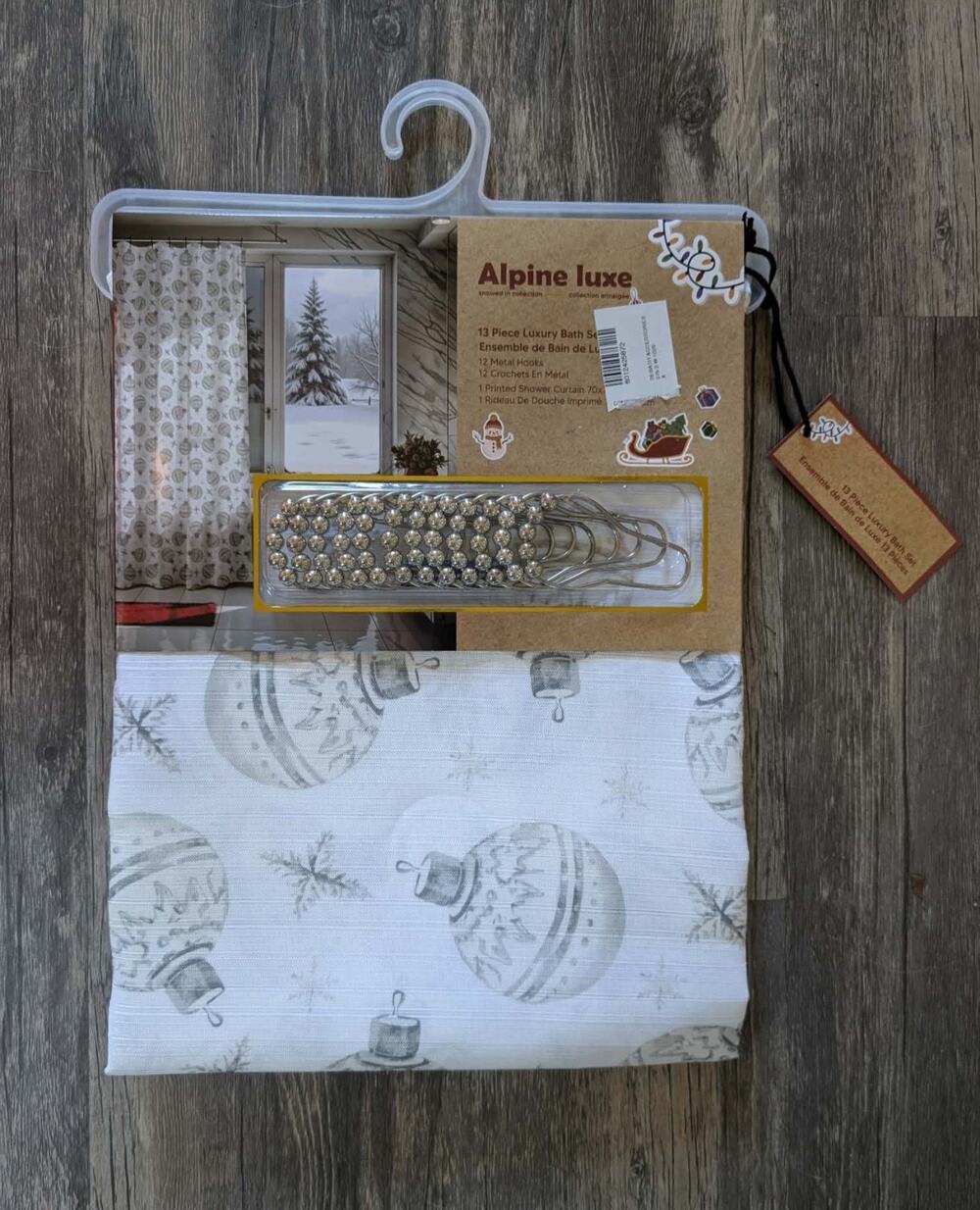 Alpine Luxe 13-piece luxury Christmas White Gray Ornament Shower Curtain set